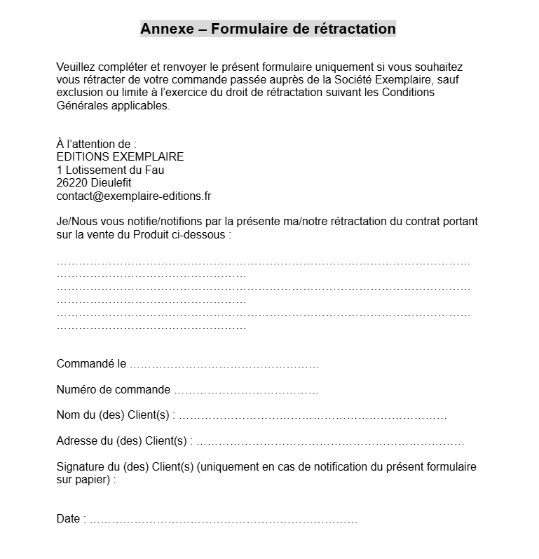 Annexe – Formulaire de rétractation